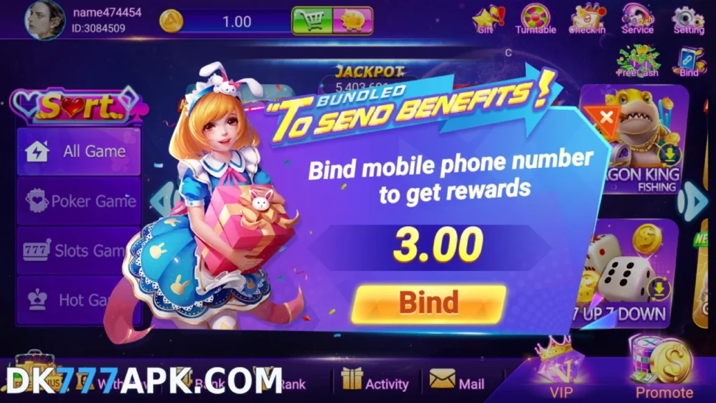 DK777 game bind mobile phone reward popup showing a 3.00 bonus offer