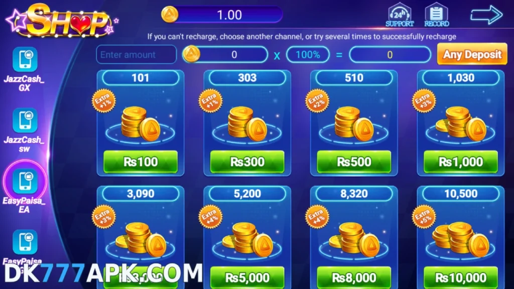DK777 game deposit shop page showing JazzCash, EasyPaisa, and recharge amount options
