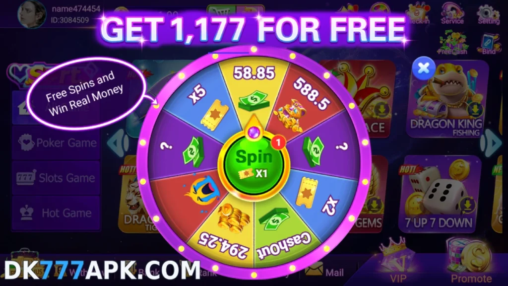 DK777 game free spin wheel bonus page showing cashout and reward options