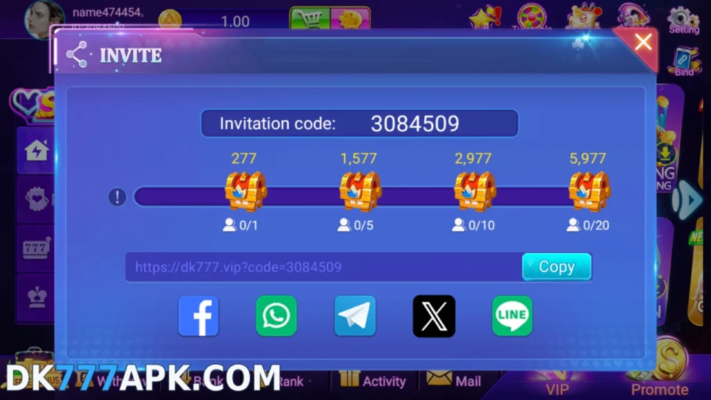 DK777 game invite page showing invitation code, reward stages, and social sharing options