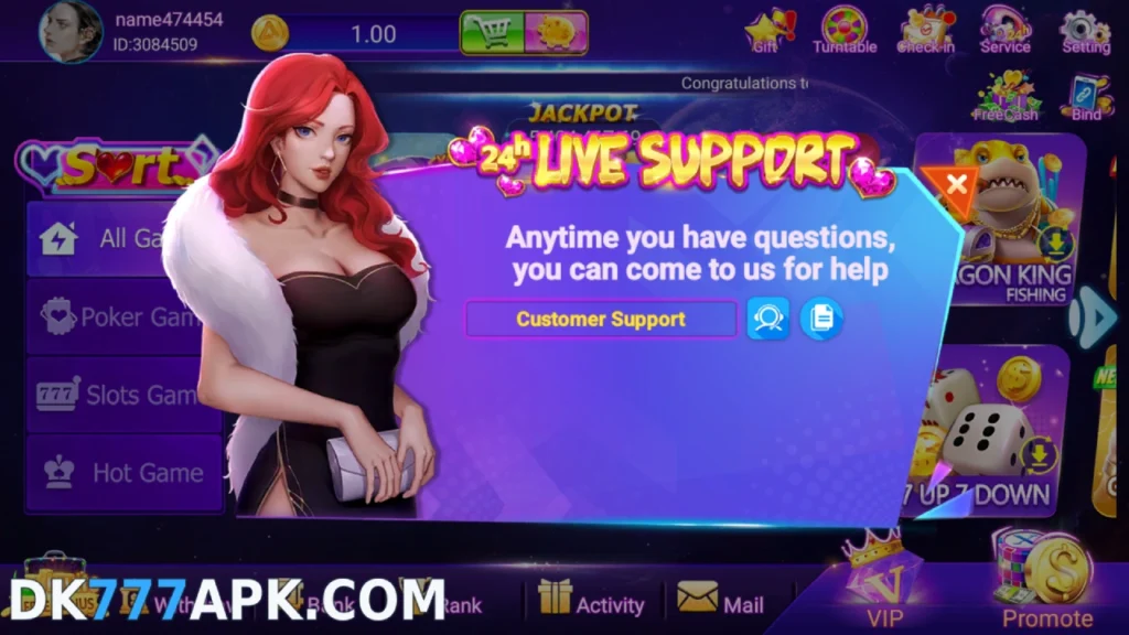 DK777 game 24 hour live support popup showing customer support options