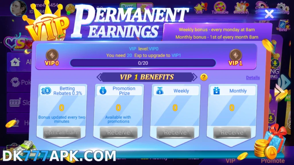 DK777 game VIP earnings page showing VIP level progress, rebates, and monthly benefits